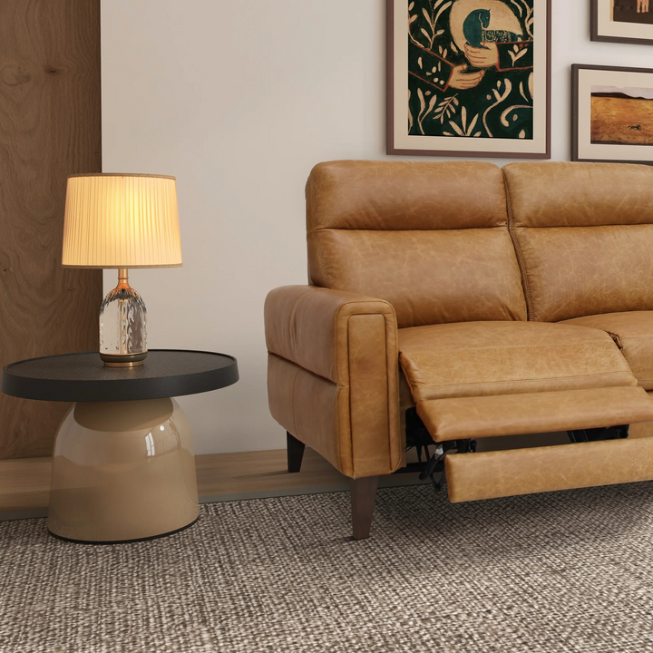 Elliot Incliner Sofa Left Waxy Tan Leather Closeup.