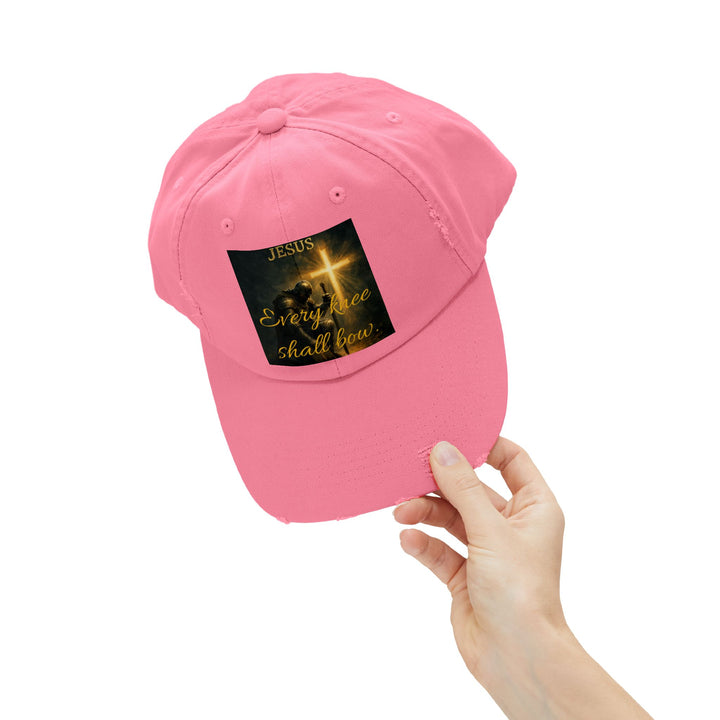 Jesus Cross Distressed Cap — "Every Knee Shall Bow" Christian Hat