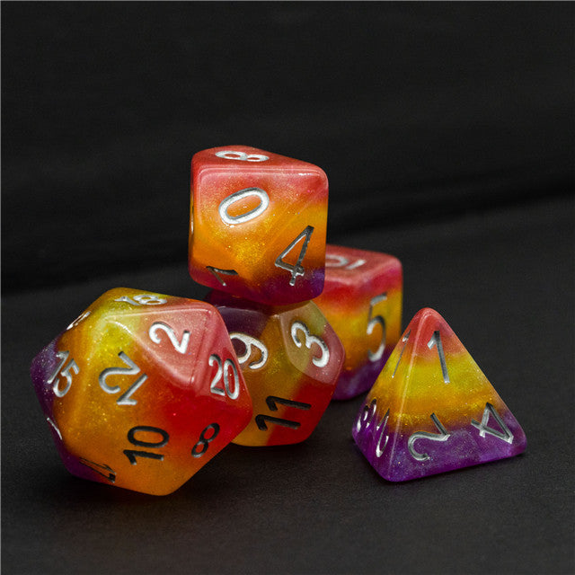 Orange Yellow Purple Glitter Layer 7-Dice Set w/Silver Numbers