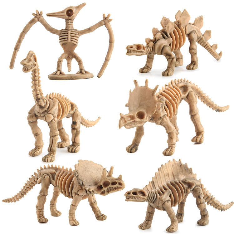 Set of six dinosaur skeleton models on a white background.