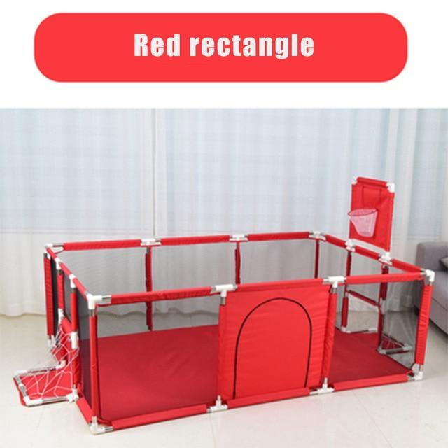 Red playpen with climbing features on a light background.