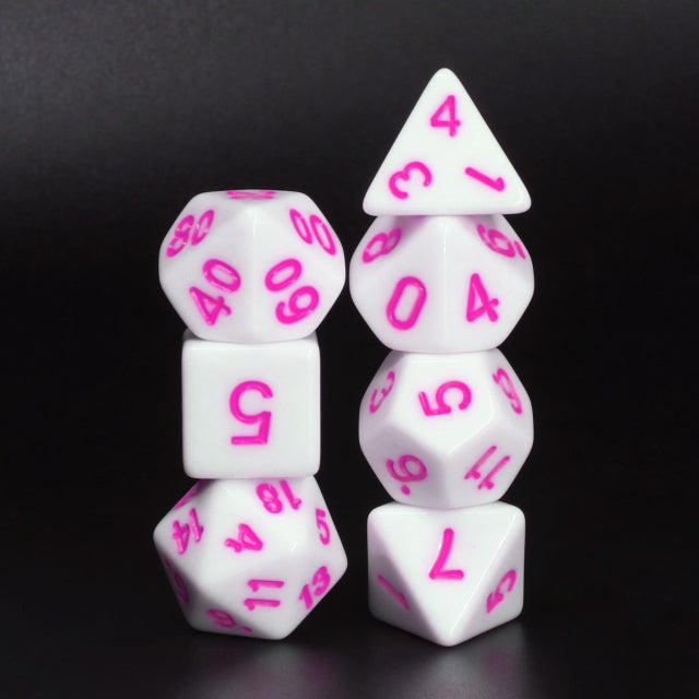 White Opaque with Purple/Pink Numbering 7-Dice Set RPG