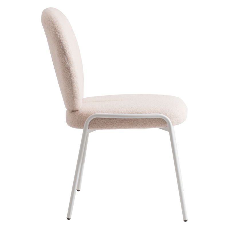 LeisureMod Mid-Century Modern Boucle Dining Chair with White Frame, Beige Side View.