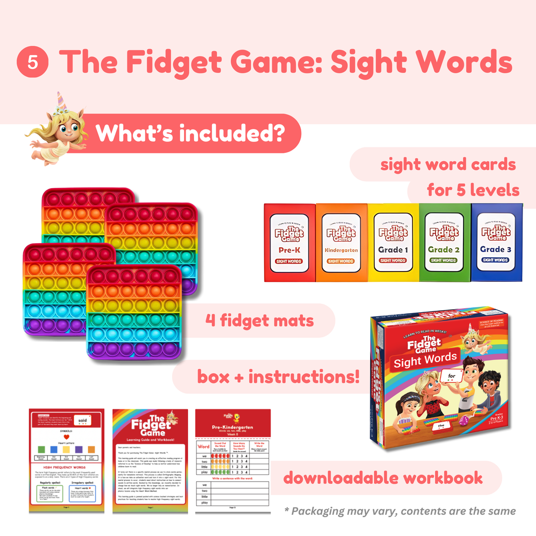 Fidget game set with sight word cards, fidget mats, and workbook for educational use.