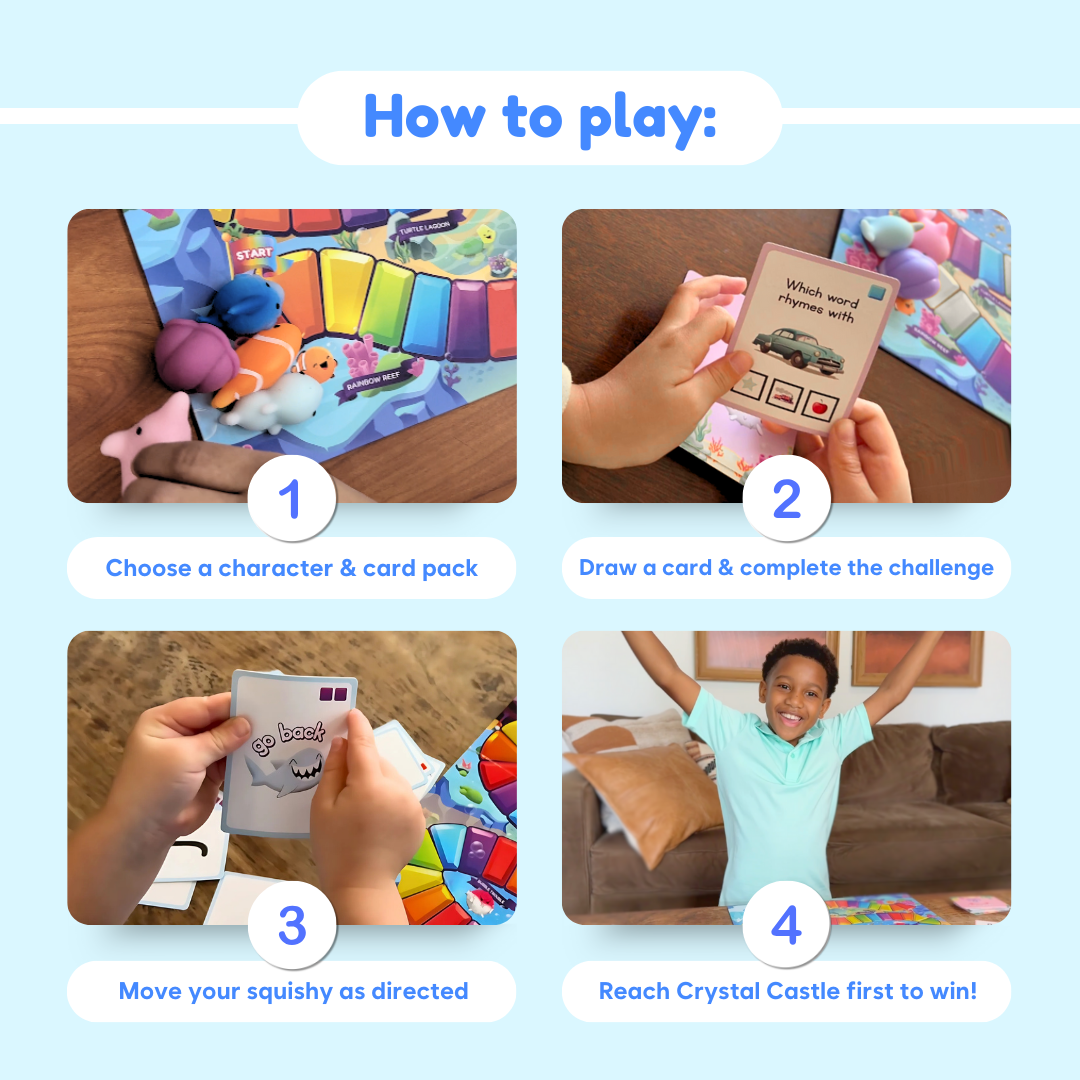 Instructions on how to play a game with colorful cards and a toy, featuring a child playing.
