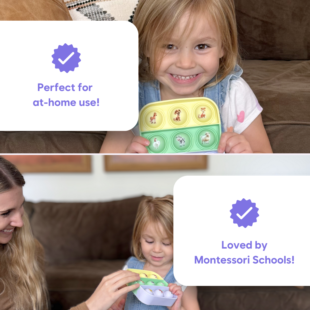 Child holding a colorful toy with text indicating it's perfect for at home use and loved by Montessori schools.