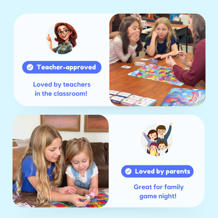 Children playing a board game with text indicating teacher and parent approval on a light blue background.