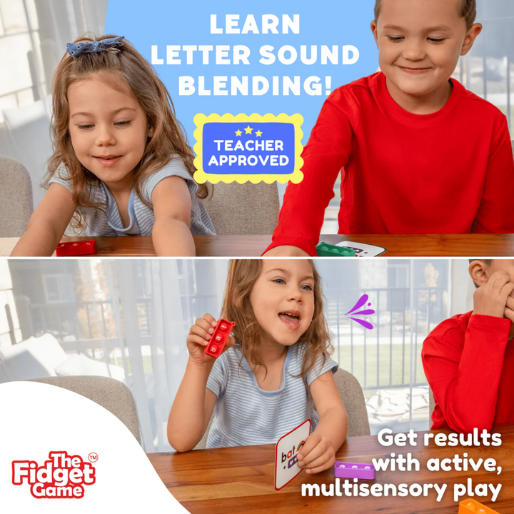 Children playing with letter sound blending game, featuring the Fidget Game logo.