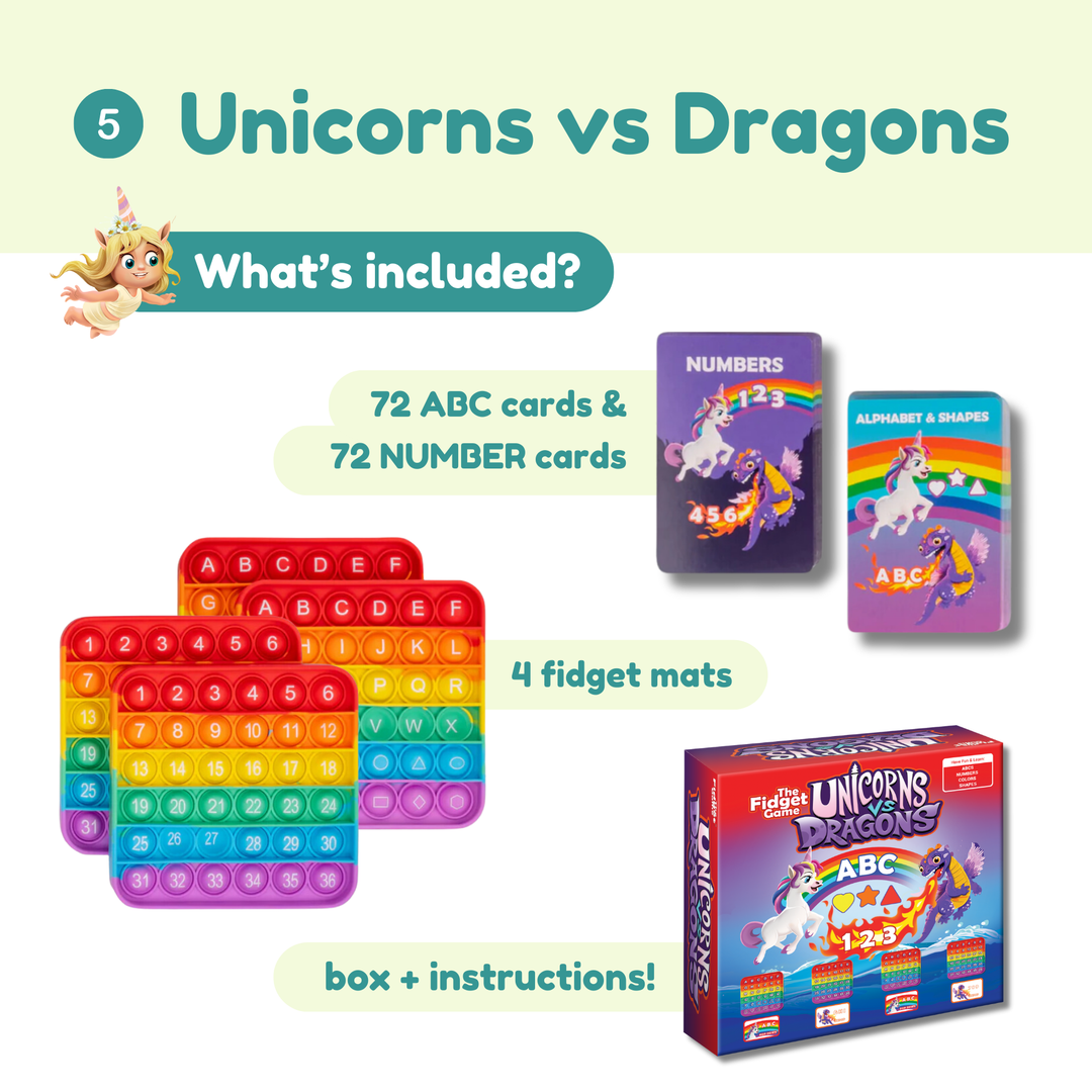 Educational product set with ABC cards, number cards, fidget mats, and a box on a white background.