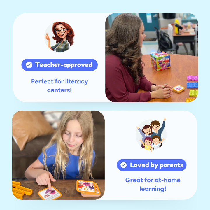 Educational products for literacy centers with teacher and child testimonials on a light blue background.