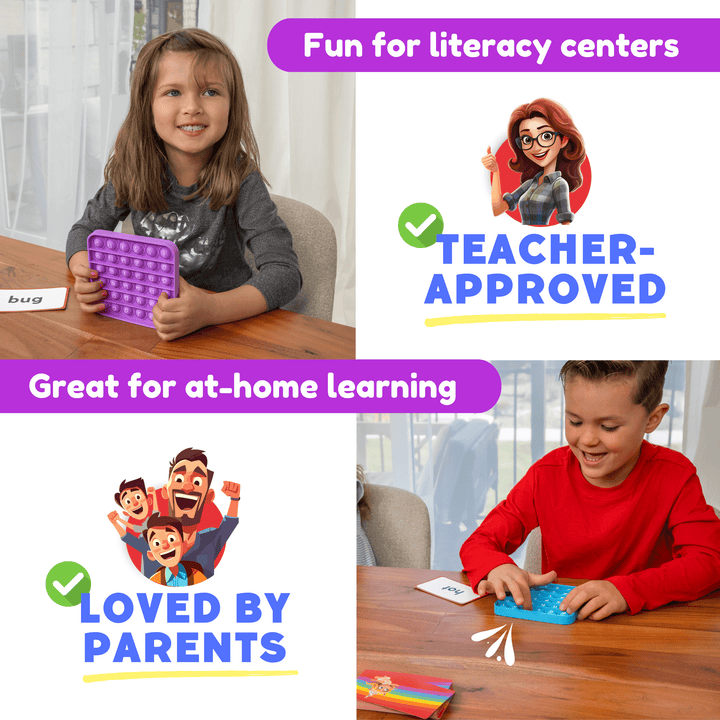 Children playing with educational toys, emphasizing fun for literacy centers and at home learning.