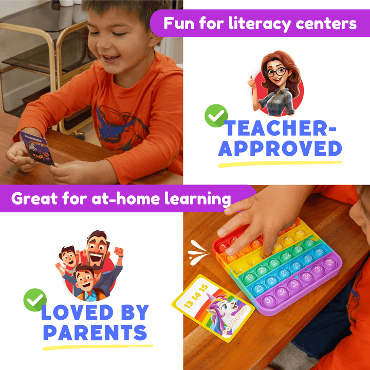 Children playing with educational materials, including a pop it toy and cards, with text highlighting literacy centers and home learning.