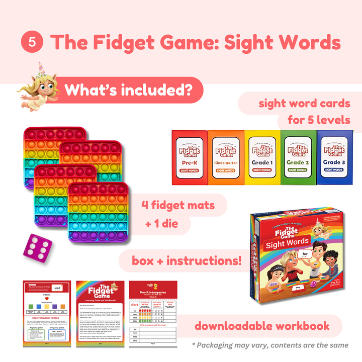 Fidget game set with sight word cards, fidget mats, and die on a white background.