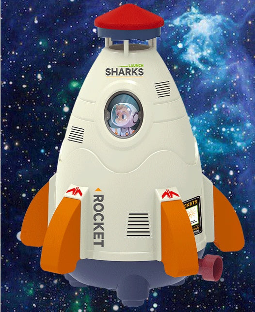 Toy rocket ship with Sharks branding against a space-themed background.