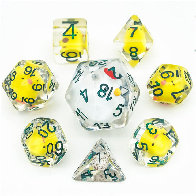 Chicken Family 7-Dice Set w/Green Numbers Dnd Dice Set + 30mm d20