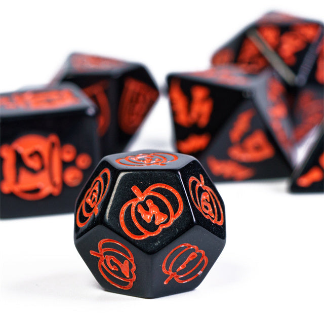 Halloween Black w/Orange | Pumpkin/Ghost/Bat/Cauldron 7-Dice Set DND