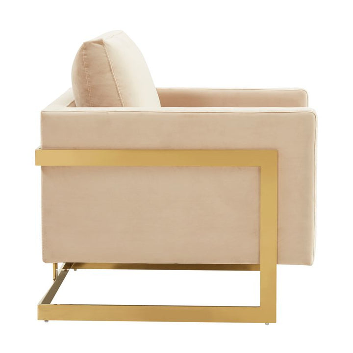 Beige sofa with gold frame on a white background.