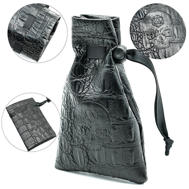 Leather Dice Bag with Skull sporting d20 Tattoo
