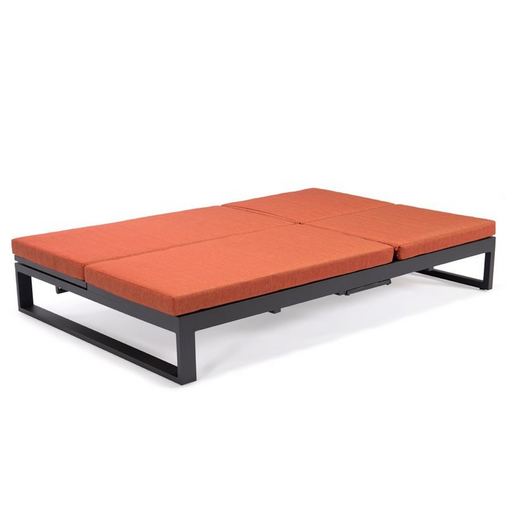 LeisureMod Chelsea Convertible Lounge Reclining Double Chaise with Cushions Orange Flat.