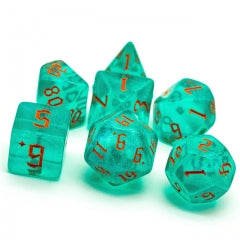 Blue/Teal Glitter Party Dice (Red/Orange font) 7-Dice Set RPG DND
