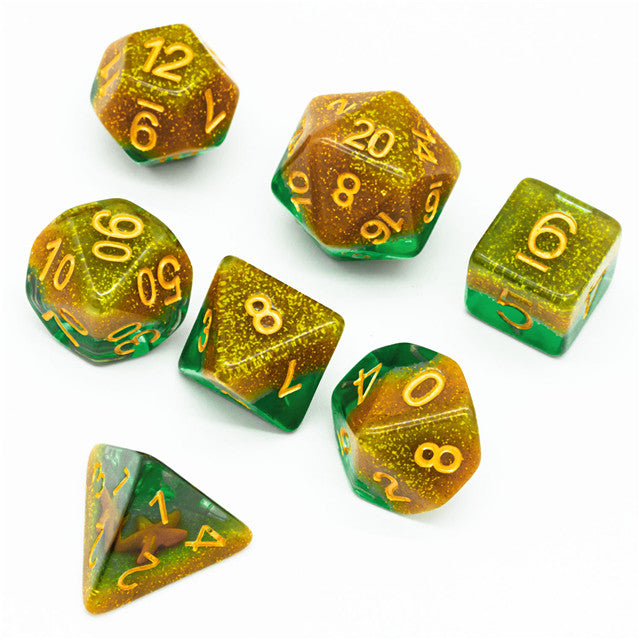Green and Gold Starfish Dice 7-Dice Set Resin Dungeons and Dragons Dice
