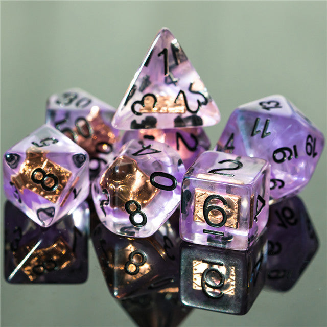 Warlock (Magic Book) Clear Purple Dice w/ Golden Book 7-Dice Set Rpg