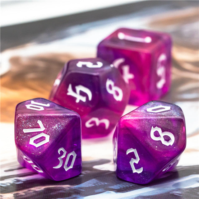 Purple + Red Glitter Party Dice (White font) 7-Dice Set RPG DND