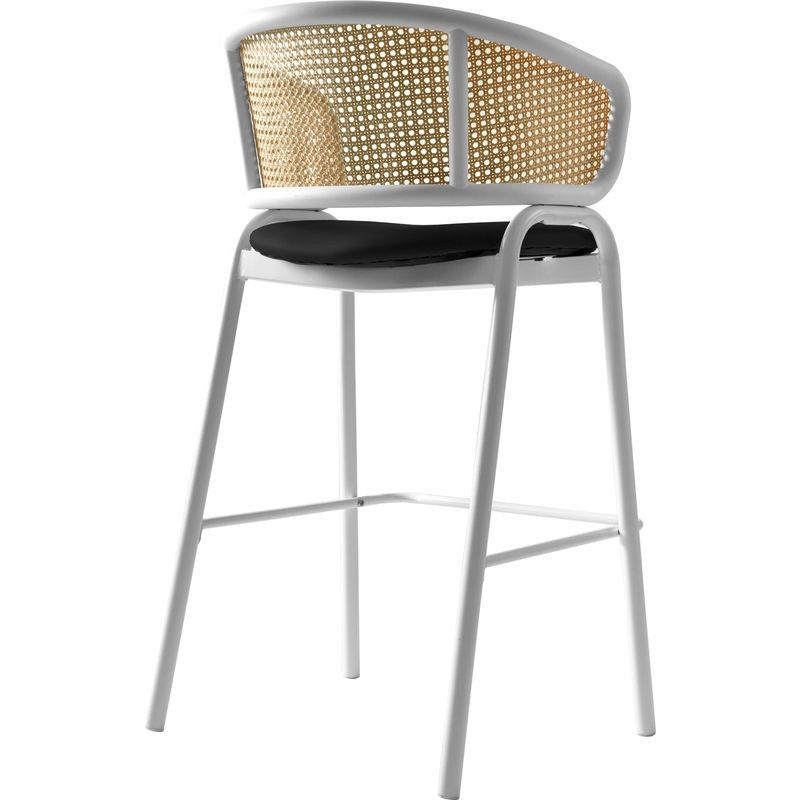 LeisureMod Ervilla Wicker Bar Stool with Fabric Seat and White Steel Frame in Black Leather Closeup. Back View.