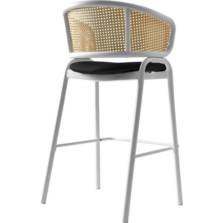LeisureMod Ervilla Wicker Bar Stool with Fabric Seat and White Steel Frame in Black Leather Closeup. Back View.