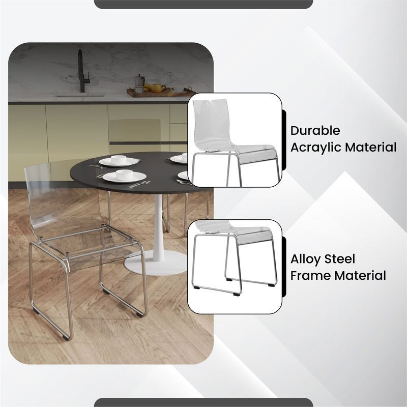 Clear chairs around a round table with text on material types.