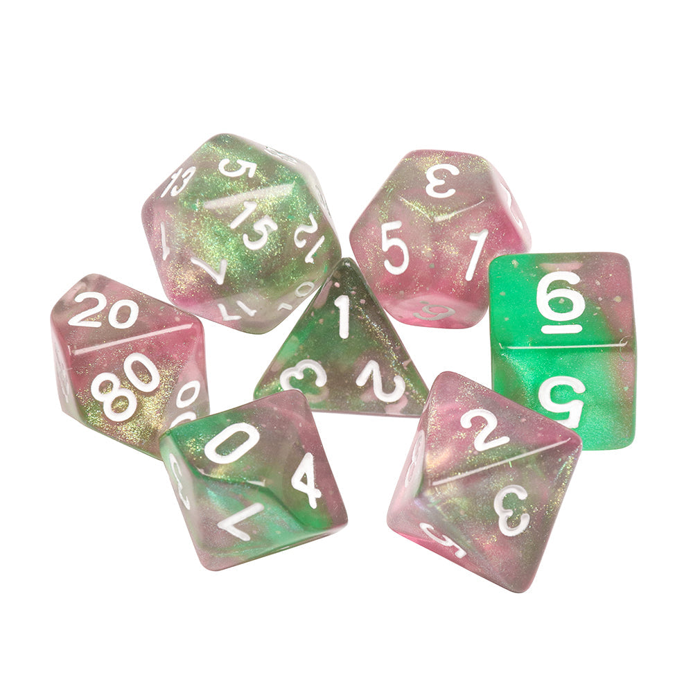 Rebirth 7-Dice Set Green/Pink w/White Numbers Dnd Dice Set (Blacklight reactive)