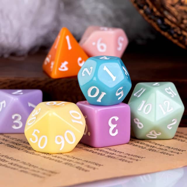 Multi-Color Macaron 7-Dice Set w/White Numbers Pastel Dnd Dice Set