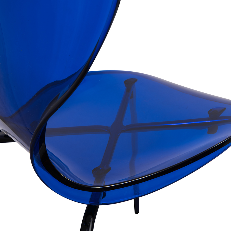LeisureMod Modern Oyster Transparent Side Chair in Black Base set of 2 Blue Zoomed In.