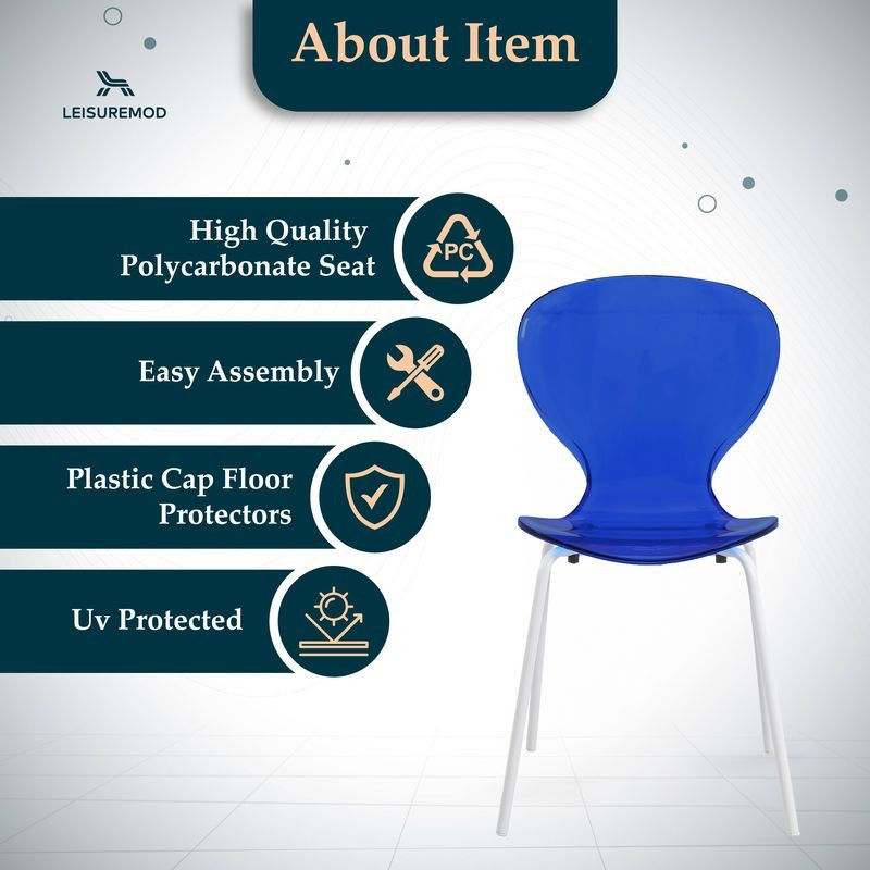 Blue chair with LeisureMod branding and feature text on a white background.