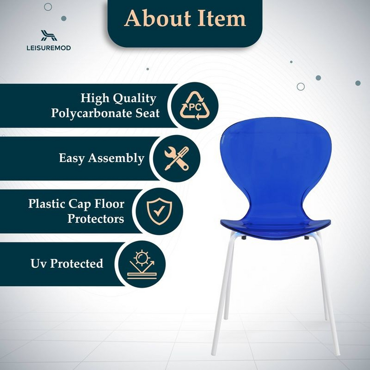 Blue chair with LeisureMod branding and feature text on a white background.