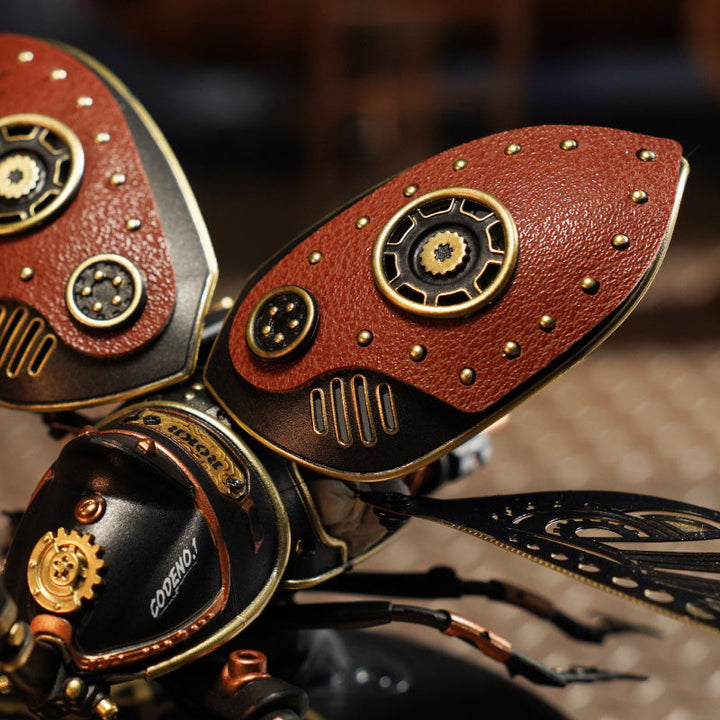 Steampunk-style butterfly with intricate details and gears on a blurred background.