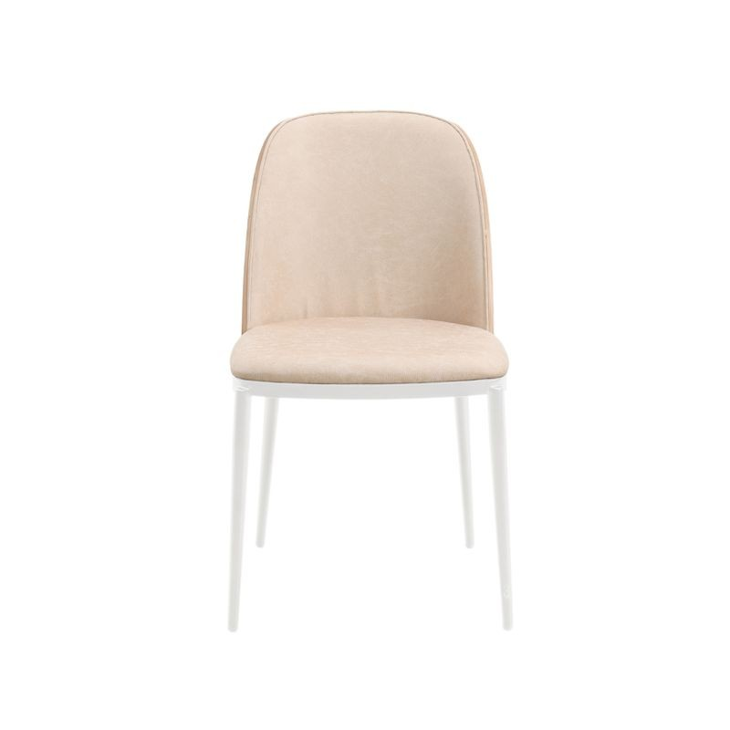 LeisureMod Tule Mid-Century Modern Dining Side Chair with Leather Seat and White Powder-Coated Steel Frame Walnut/Light Brown Front View.