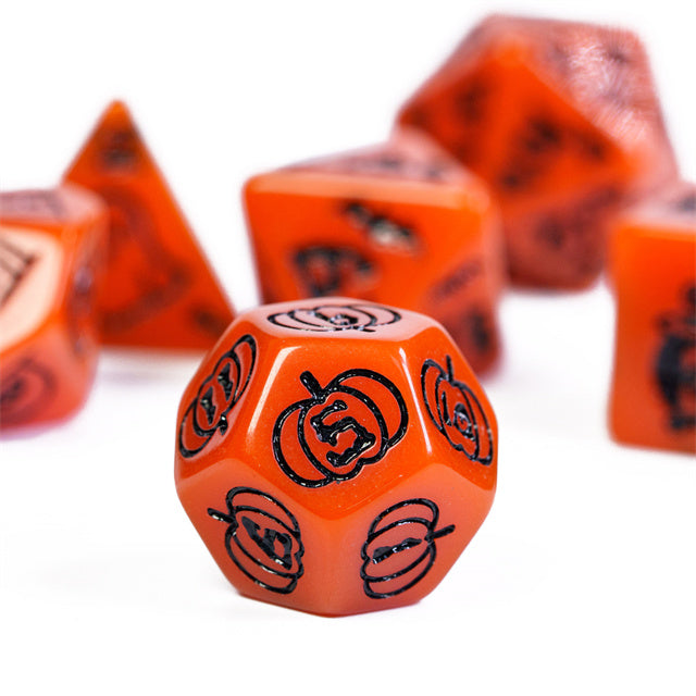 Halloween Orange w/Black | Pumpkin/Ghost/Bat/Cauldron 7-Dice Set DND
