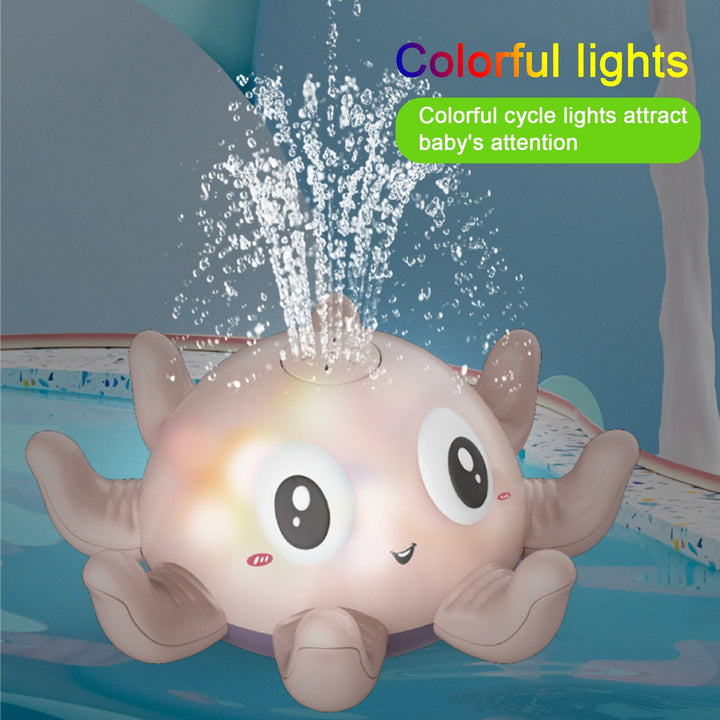 Baby octopus toy with colorful lights and water feature on a blue background.