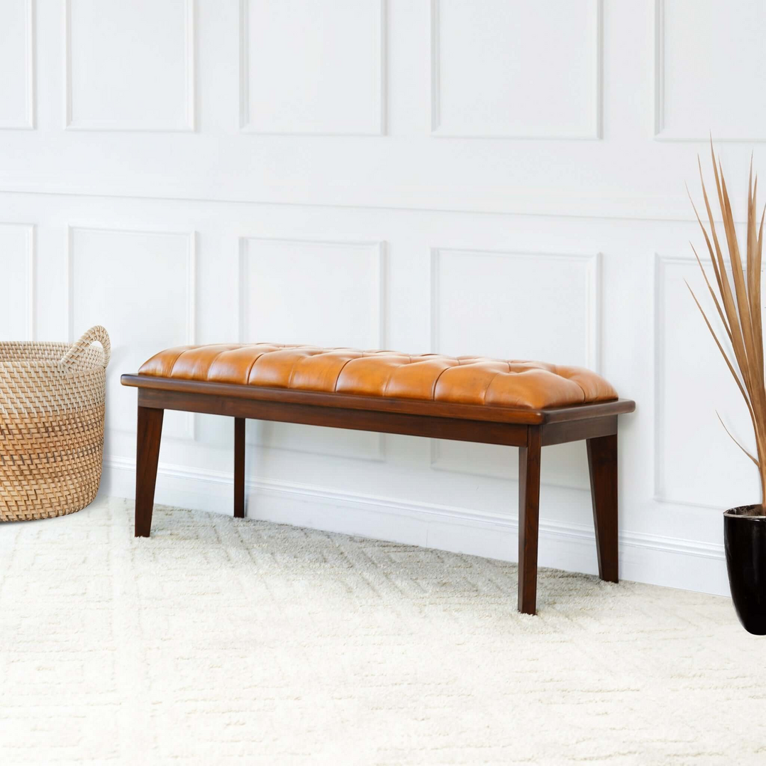 Arden Tan Leather Bench with Buttons Image.