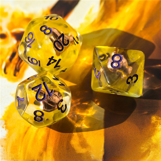 Sorcerer (Fire) Clear Yellow Dice Purple w/ Golden Fire 7-Dice Set Rpg