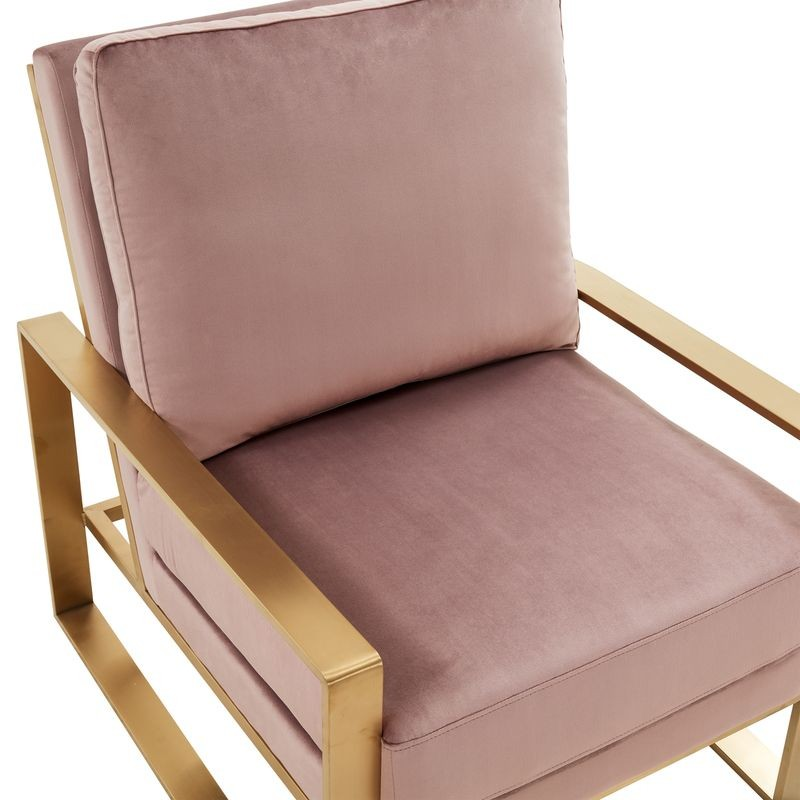 LeisureMod Jefferson Velvet Design Accent Armchair with Gold Brass Finish Frame Pink Zoomed In
