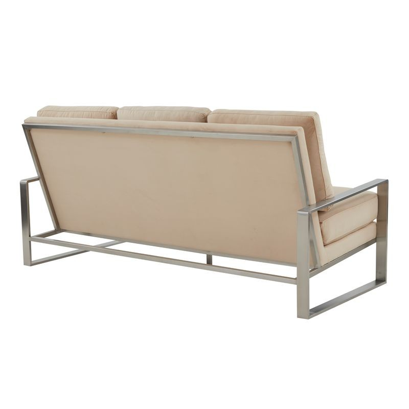 LeisureMod Jefferson Contemporary Modern Design Velvet Sofa with Silver Frame Beige Back View.