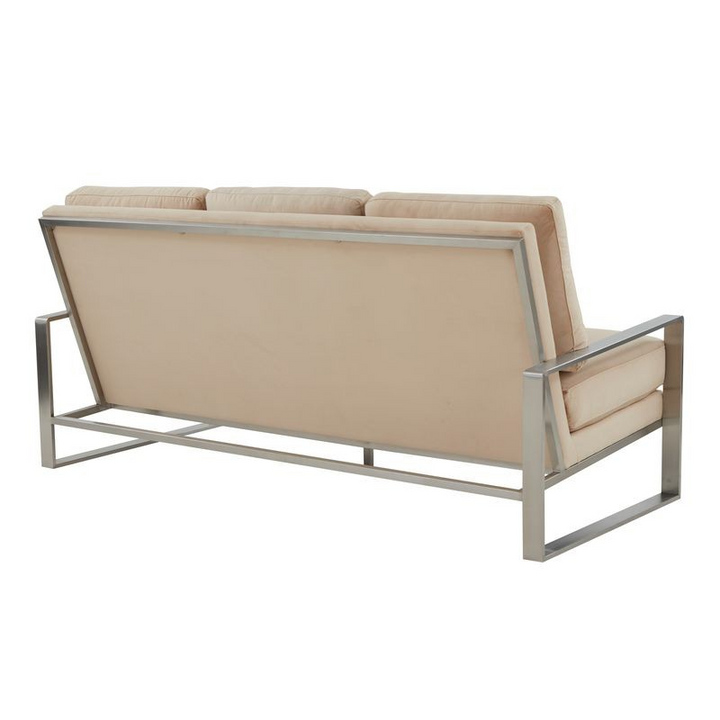 LeisureMod Jefferson Contemporary Modern Design Velvet Sofa with Silver Frame Beige Back View.
