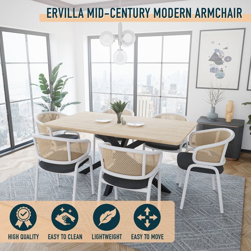 Leisuremod Ervilla Modern Dining Chair with White Powder Coated Steel Legs and Wicker Back Black at Table.