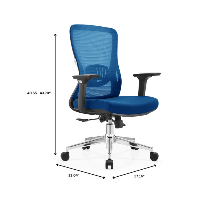 Blue office chair with dimensions indicated on a white background.