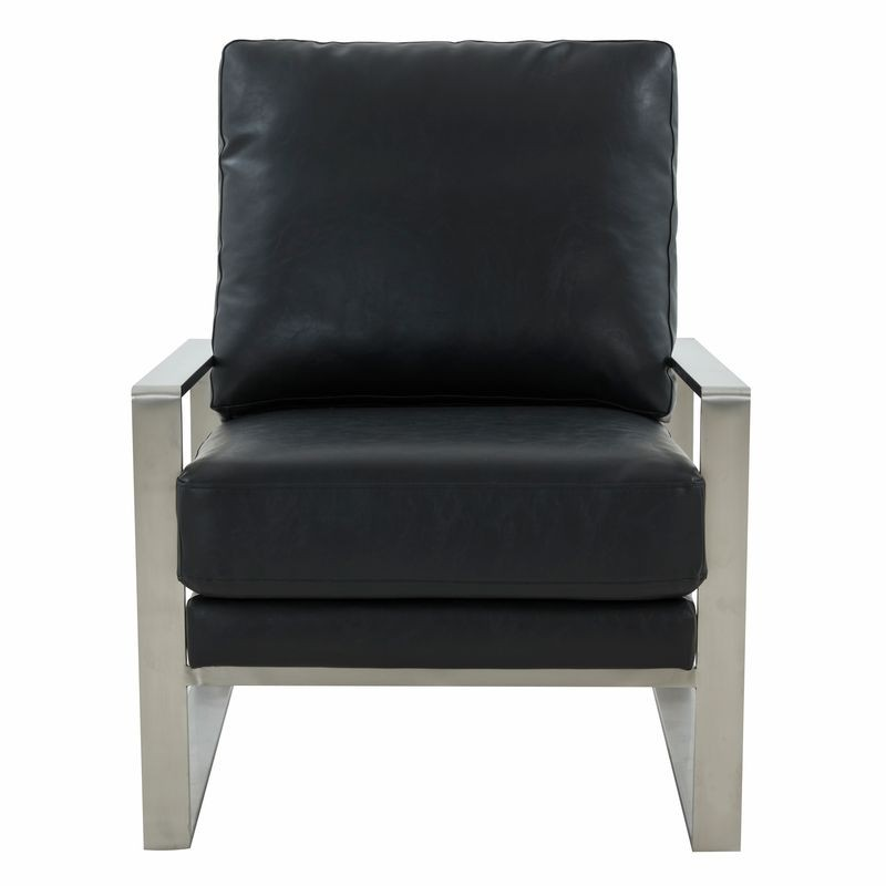 LeisureMod Jefferson Leather Modern Design Accent Armchair with Elegant Silver Frame Black Front Photo.