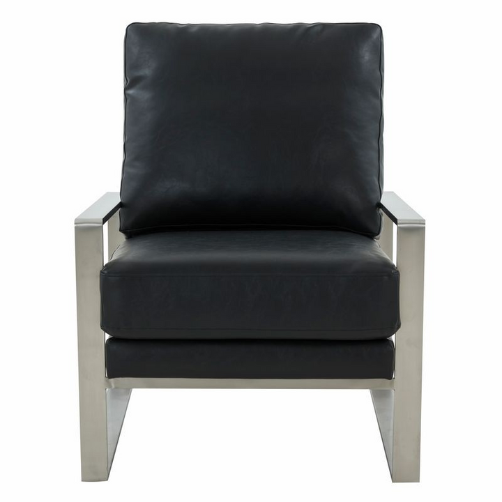 LeisureMod Jefferson Leather Modern Design Accent Armchair with Elegant Silver Frame Black Front Photo.