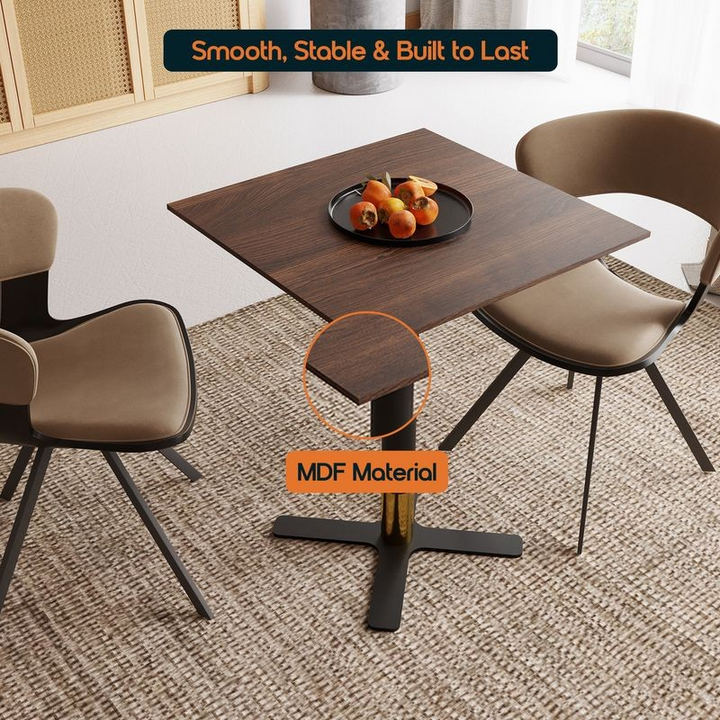 LeisureMod Vail Collection Dining Table Black/Gold X Base With 24" Square Dark Brown MDF Top Details.