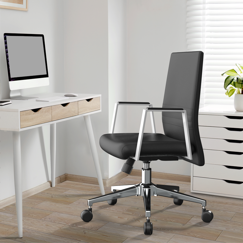 LeisureMod Aleen Office Chair in Upholstered Leather and Iron Frame with Swivel and Tilt in Black with Background.